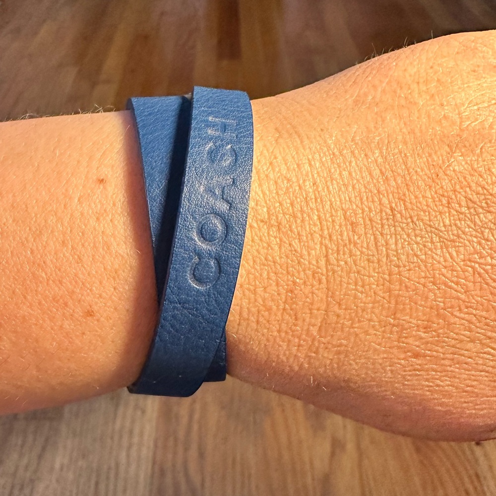 NWOT Leather Coach Blue Embossed Logo Wrap Bracelet with Silver Buckle